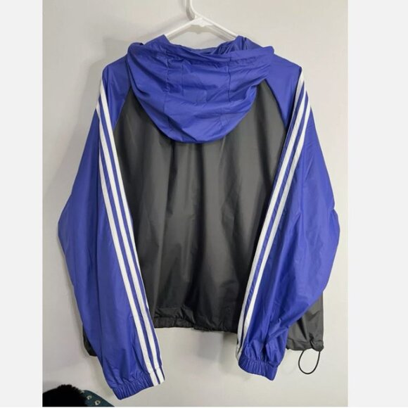 Adidas Women's Hooded Windbreaker Packable Jacket Sz XL Black Blue White Stripes - Picture 6 of 7